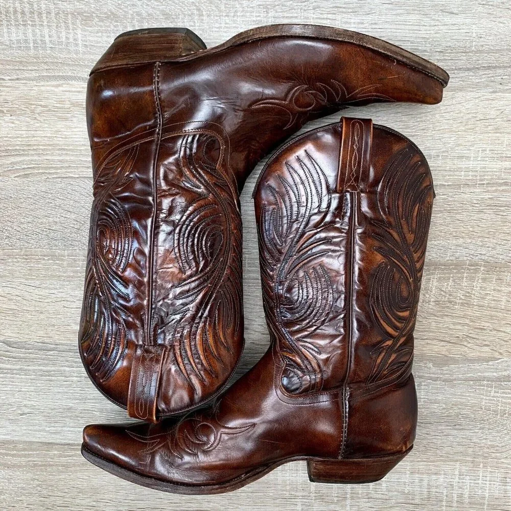 Vtg 1970s-80s TONY MORA Men Western Boots Tufted Brown Leather MADE SPAIN 12 D - Picture 4 of 12